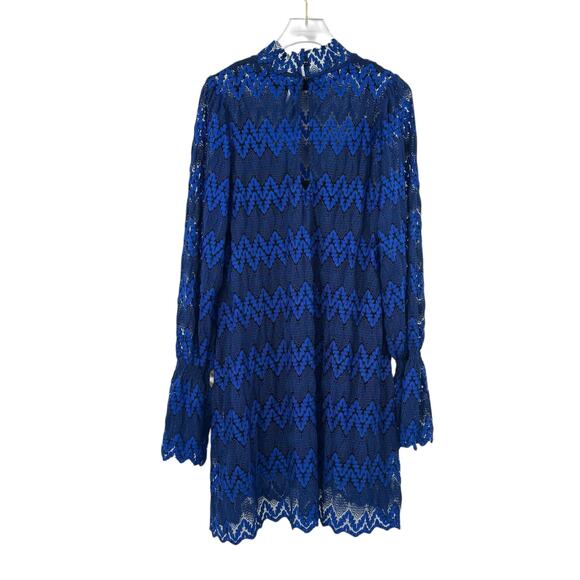 Free People NWT Simone Blue & Black Lace Long Flounce Sleeve Mini Dress - Picture 8 of 16